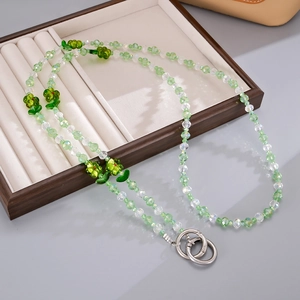 Green glass flower beaded crossbody phone strap with silver spring rings for bags