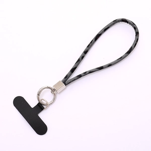 Short leopard print phone lanyard set with silver metal clasp and universal black phone patch