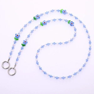 Blue flower beaded long crossbody phone lanyard with silver metal spring rings