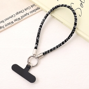 Ethnic style black and white braided rope phone wrist strap with silver metal ring