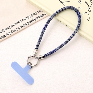 Blue and white woven wrist phone strap with silver metal ring and blue tether tab