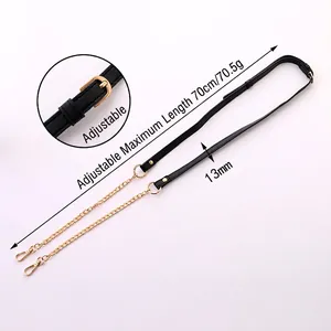Adjustable black PU leather and gold chain shoulder strap with 13mm width and metal buckle