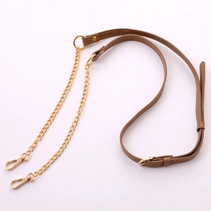 Adjustable brown leather shoulder strap with gold metal chain and lobster clasps