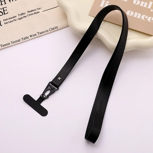 Close-up of black PU leather phone lanyard with durable spring hook and X-shaped stitching