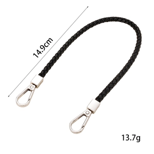 Hand-woven black leather cord strap with silver metal lobster clasps for bags and phones