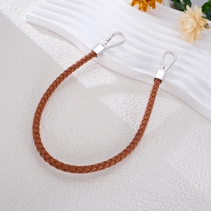 Handwoven dark brown leather strap with silver metal lobster clasps for bags and phones