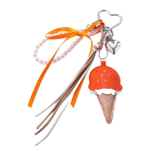 Orange PU leather ice cream bag charm with pearl beads and heart-shaped metal carabiner