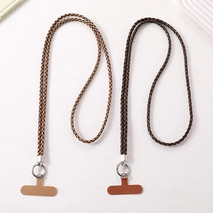 Vintage style hand-woven wood grain phone strap with PU leather and silver metal clasp