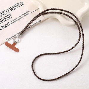 Retro dunkelbraunes gewebtes Telefon-Lanyard mit silbernem Metallring und Leder-Pad-Gurt