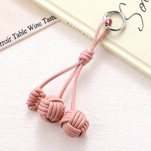 Pink braided leather ball phone charm and keychain with high quality metal ring accessory