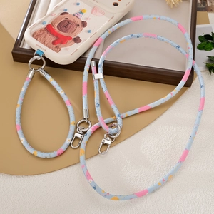 Floral PU leather crossbody phone strap and wristlet set with silver metal clips