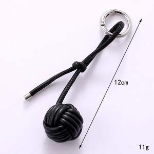 Handmade black woven leather ball keychain with silver ring clip, 12cm length