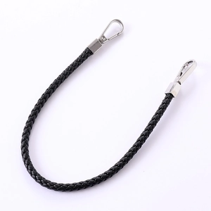 Braided black leather phone strap with dual silver lobster clasps on white background