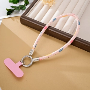 Pink printed PU leather phone wrist strap with silver spring clip and star patterns