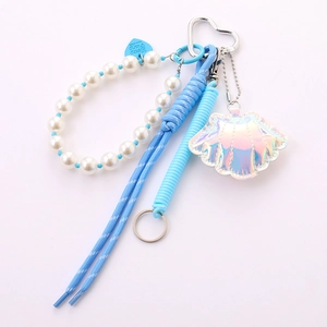 Blue shell pendant keychain with woven rope, faux pearls and heart-shaped metal buckle