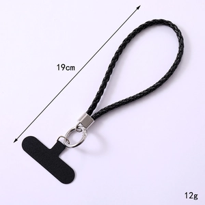 Dragonne de téléphone noire en cuir PU tressé de 19cm avec anneau en métal argenté