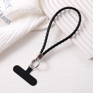 Lanière de téléphone en cuir PU tressé noir avec anneau métal et patch universel
