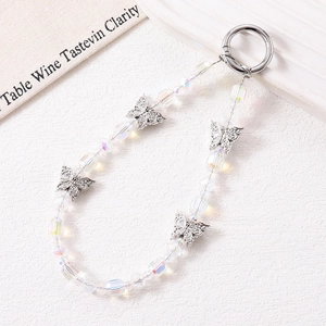 Luxurious crystal beaded phone strap with silver butterfly charms and a round metal buckle