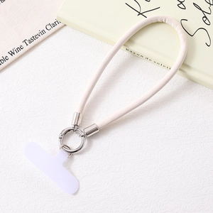 Minimalist cream PU leather wrist lanyard with metal ring and phone tether patch