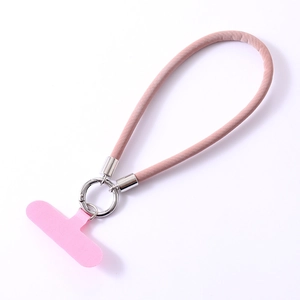 Pink PU leather wrist phone strap with silver metal ring buckle and T-shaped connector
