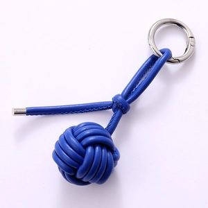 Handwoven royal blue leather ball pendant with silver metal ring for handbags and keys