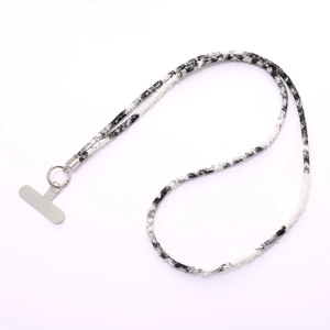Black and white tweed sequin phone lanyard strap with metal buckle and grey connector