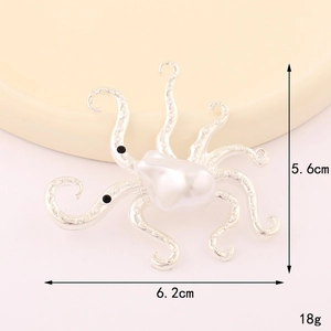 Silver-plated octopus jewelry charm with large white pearl and black bead eyes, 6.2cm