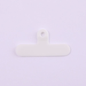 White PVC phone tether tab connector with T-shaped design for secure lanyard attachment