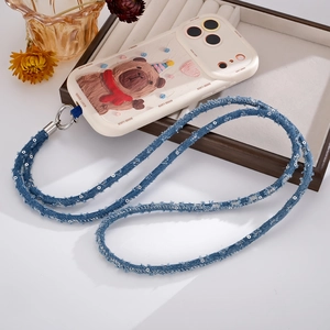 Sparkly denim sequin lanyard phone case with cute brown bear and long cross-body chain strap