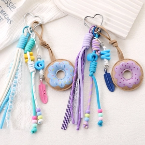 Handmade Artificial Leather Donut Bag Charm For Women Cute Beaded Bow Ribbon Keyring Heart Clasp Mobile Phone Pendant Fashion Accessories