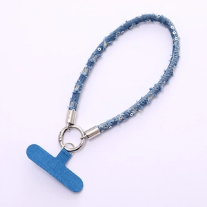 Cinturino da polso in denim con paillettes e anello metallico per telefono e borsa