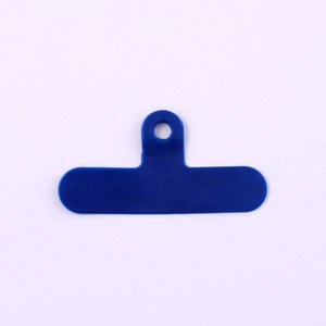 Close-up of a blue T-shaped PVC phone lanyard patch with reinforced round metal hanging hole