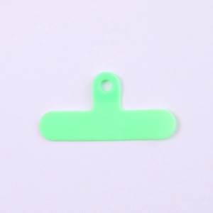 Detail of mint green T-shaped PVC phone lanyard patch with round metal hanging hole