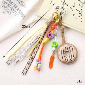 Beaded leather donut bag charm with bow and colorful accessories for women, 25cm length