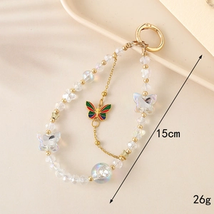 Creative crystal beaded phone charm with alloy butterfly pendants and gold double chains