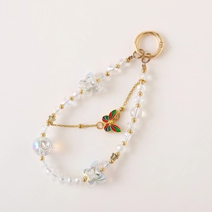 Elegant beaded phone strap with iridescent beads and butterfly charms for bags