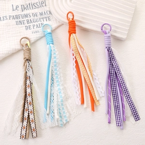 Handmade Woven Fabric Bag Charm Lace Plaid Ribbon Phone Pendant For Women Versatile Floral Backpack Keychain Accessory