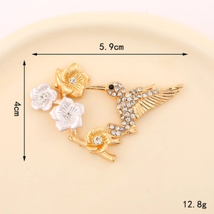 Spilla colibrì e fiori in lega di zinco con strass, lunga 5,9cm e larga 4cm