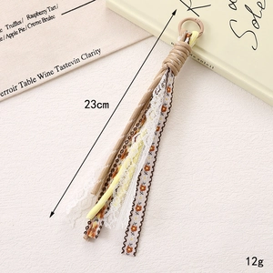 Vue détaillée du bijou de téléphone fait main en tissu à carreaux avec dentelle et pompons