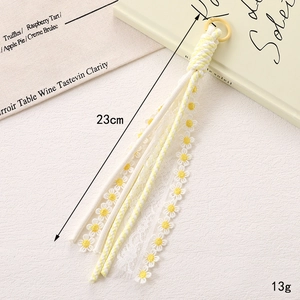 Bijou de téléphone en nylon tressé à carreaux avec ruban marguerite et anneau, 23cm