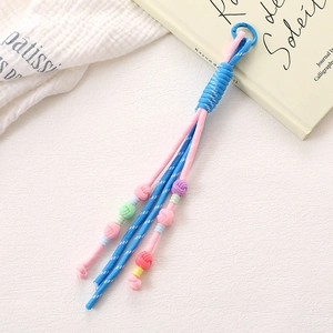 Colorful hand-woven dopamine style phone strap with pastel beads and blue clasp hook