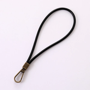 Vintage cowhide leather wrist strap for phones with bronze metallic spring hook detail