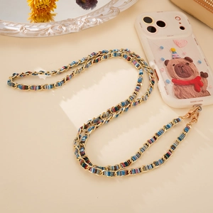Ethnic bohemian woven chain strap with gold metal link and colorful cotton for phone case