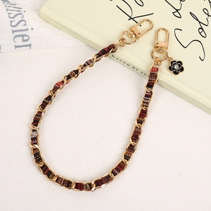 Elegant gold metal chain strap with plaid ribbon and floral pendant for handbags