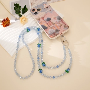 Blue glass beaded crossbody phone strap with flower charms and round metal clip