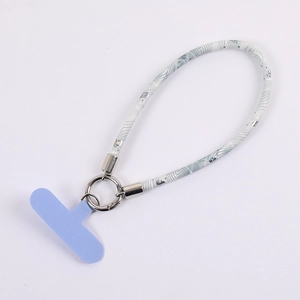 Minimalist heart pattern wrist phone lanyard with silver ring and blue phone case tab