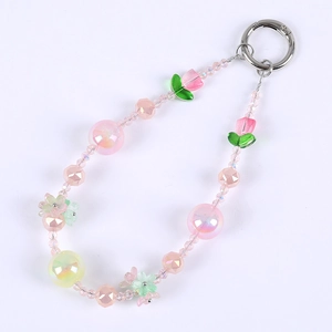 Pink tulip star galaxy handmade beaded strap with silver spring clip for bags or phones