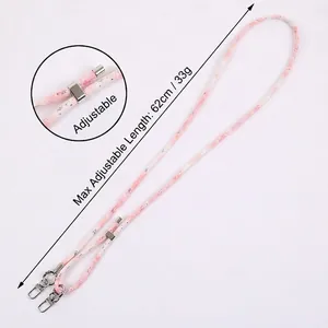 Pink heart printed phone lanyard with adjustable silver metal hooks, 62cm long