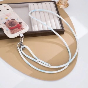 Sweet cream phone case with 3D bear pattern and adjustable blue braided crossbody lanyard