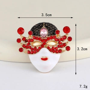 Detailed dimensions of Venetian mask brooch with red rhinestones and white enamel